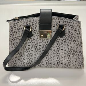 GUESS Los Angeles G Logo Monogram Satchel Handbag Black Gray Gold Hardware Cross